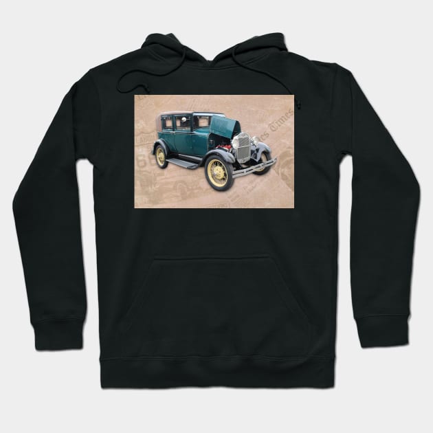 Vintage Blue Car on Old Route 66 on Newsprint Hoodie by ButterflyInTheAttic